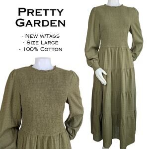 Pretty Garden Maxi Dress Large Olive Green Swiss Dot Smocked Tiered Boho NEW